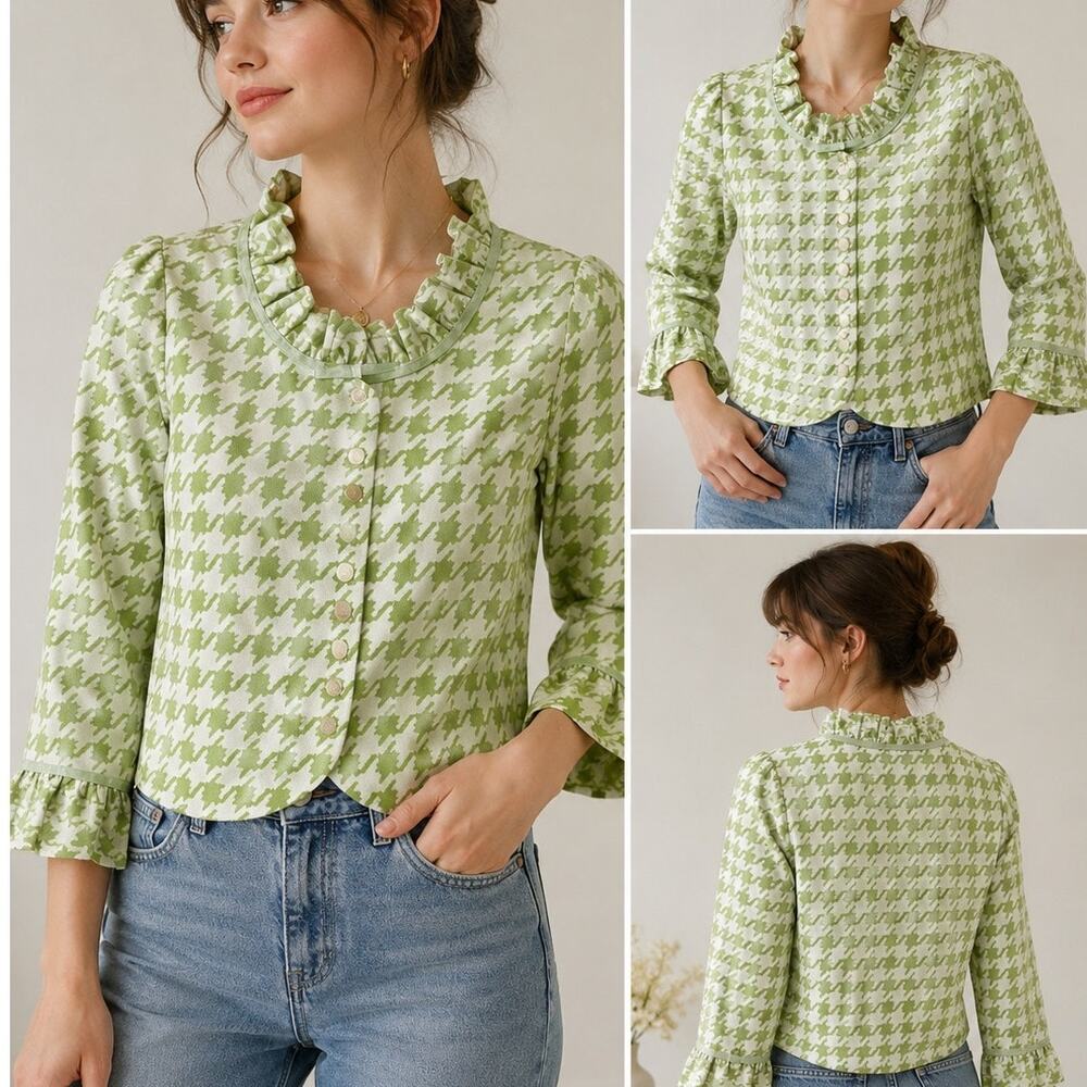 Vintage 60s Mod Green White Gingham Shirt Jacket Ruffle Trim XS Cottagecore